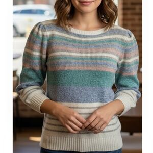 Vintage Le Soleil Cream Silk-Angora Blend Striped Jewel Neckline Sweater L